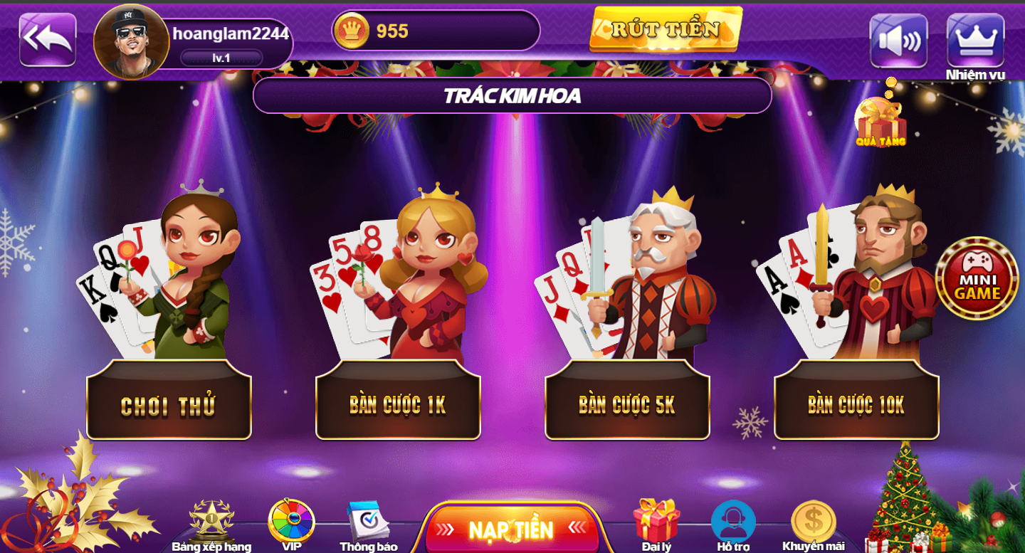 Trác Kim Hoa 68 game bài có 4 phòng chơi chính