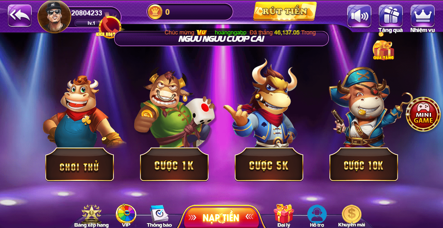 Ngưu ngưu cướp cái 68 game bài có 4 phòng chơi chính cho hội viên trải nghiệm