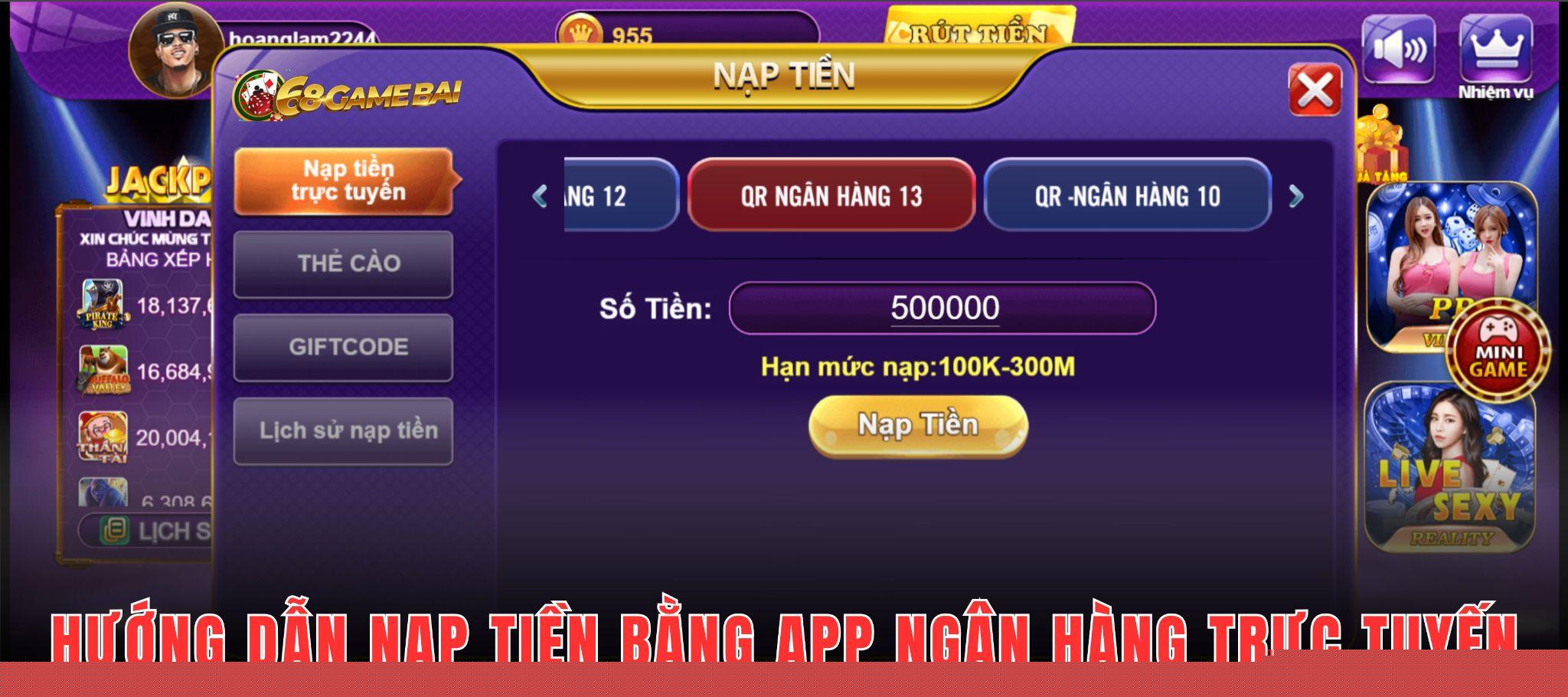 Nạp tiền 68 game bài bằng internet banking được người chơi ưa chuộng nhất
